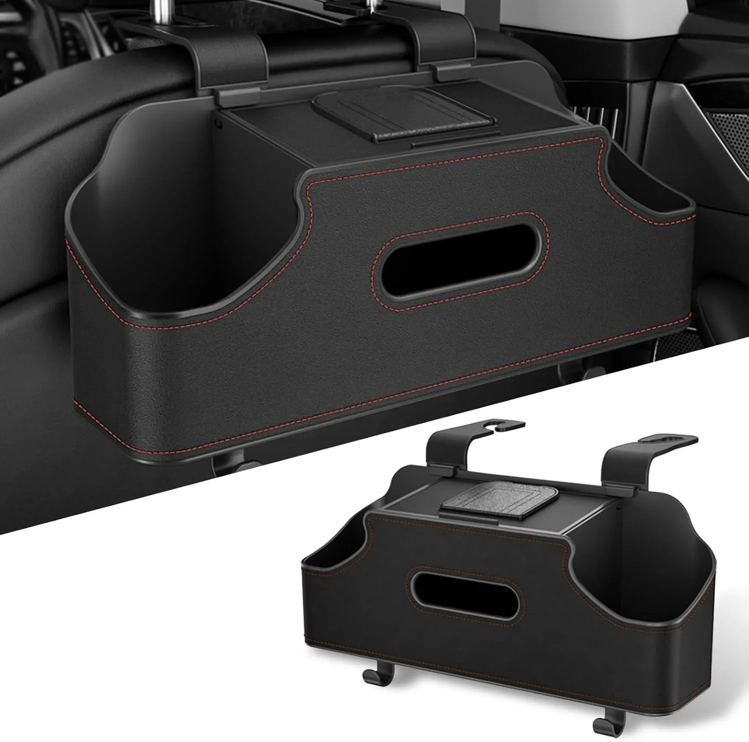 1 PC Car Seat Back Tissue Storage Box, 11.4" x 4.9" x 3.3" One-Hand Quick-Extraction Tissue Holder, Multi-Function Phone Holder Cup Holder Hanging Organizer, Universal for Cars (Black)