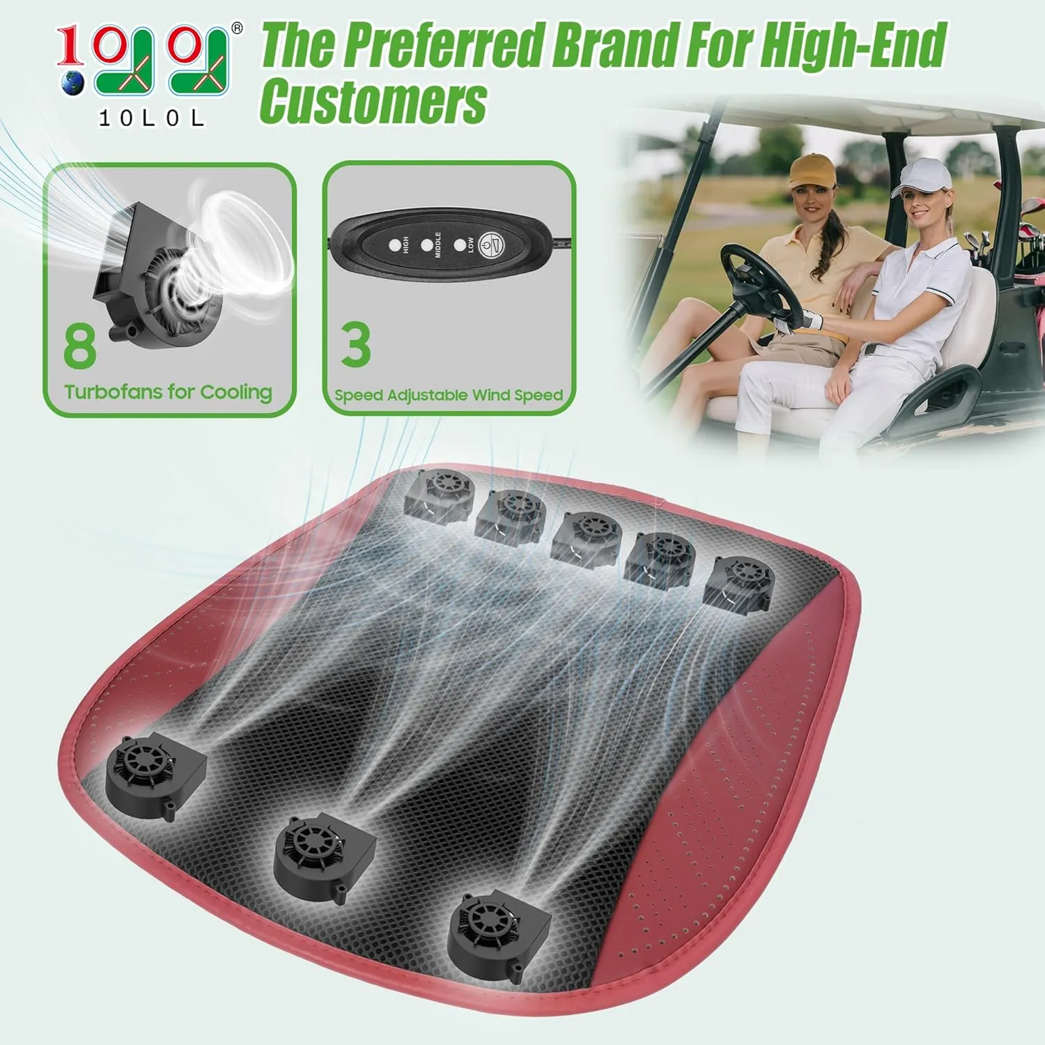 10L0L Golf Cart Cooling Seat Cushion with 8 Fans - Universal for Yamaha EZGO Club Car, 3-Speed Ventilated Seat Pad, USB-Powered with Ice Silk Fabric & Turbo Airflow Design