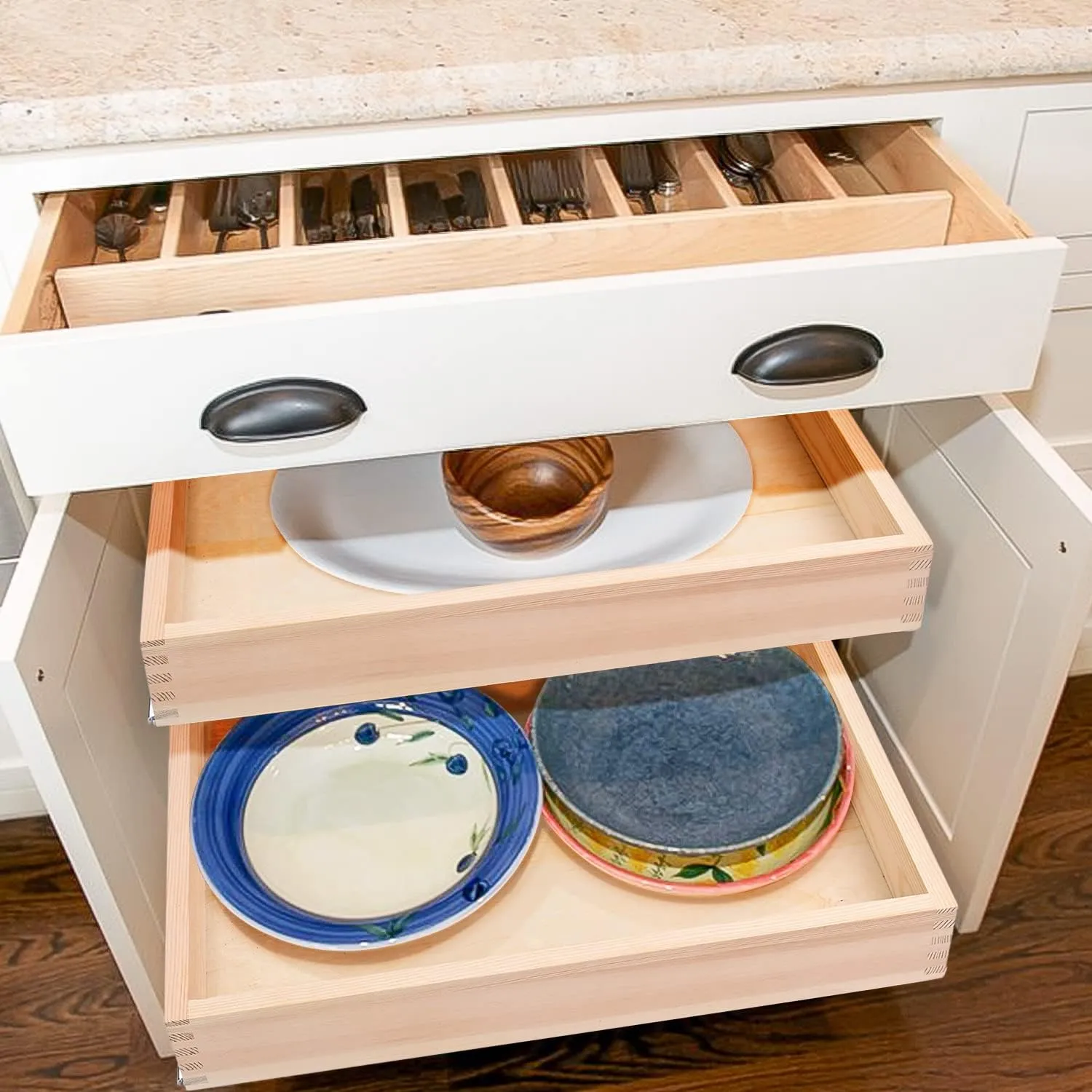 14”W x 21”D Soft Close Slide Out Wood Drawer Organizer for Kitchen, Finished, Bottom and Side Assembly (Wood Drawer Part is Width 13'')