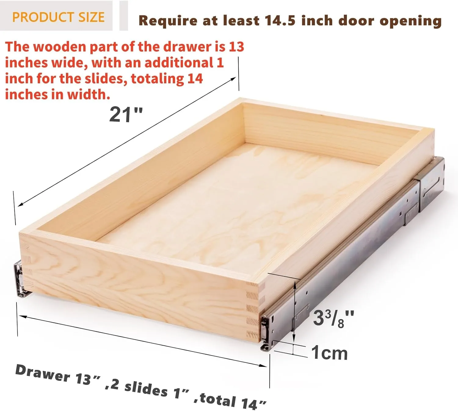 14”W x 21”D Soft Close Slide Out Wood Drawer Organizer for Kitchen, Finished, Bottom and Side Assembly (Wood Drawer Part is Width 13'')