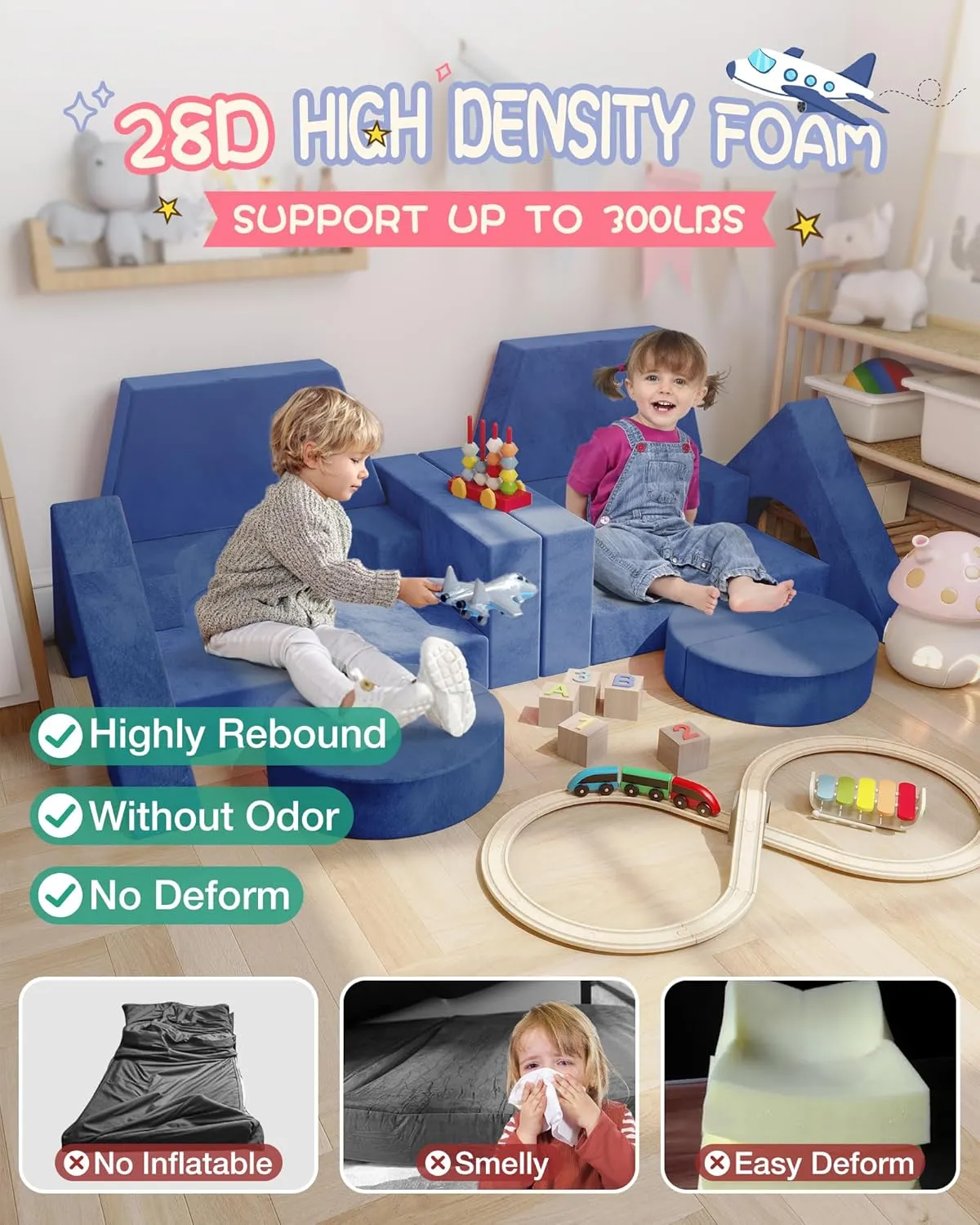 15pcs Modular Kids Play Couch, Kids Couch for Toddler & children, toddler couches, Kid Couches fort building kit for Playroom furniture, Kid Play Couches, Convertible Sofa for Boys & Girls, Dark blue