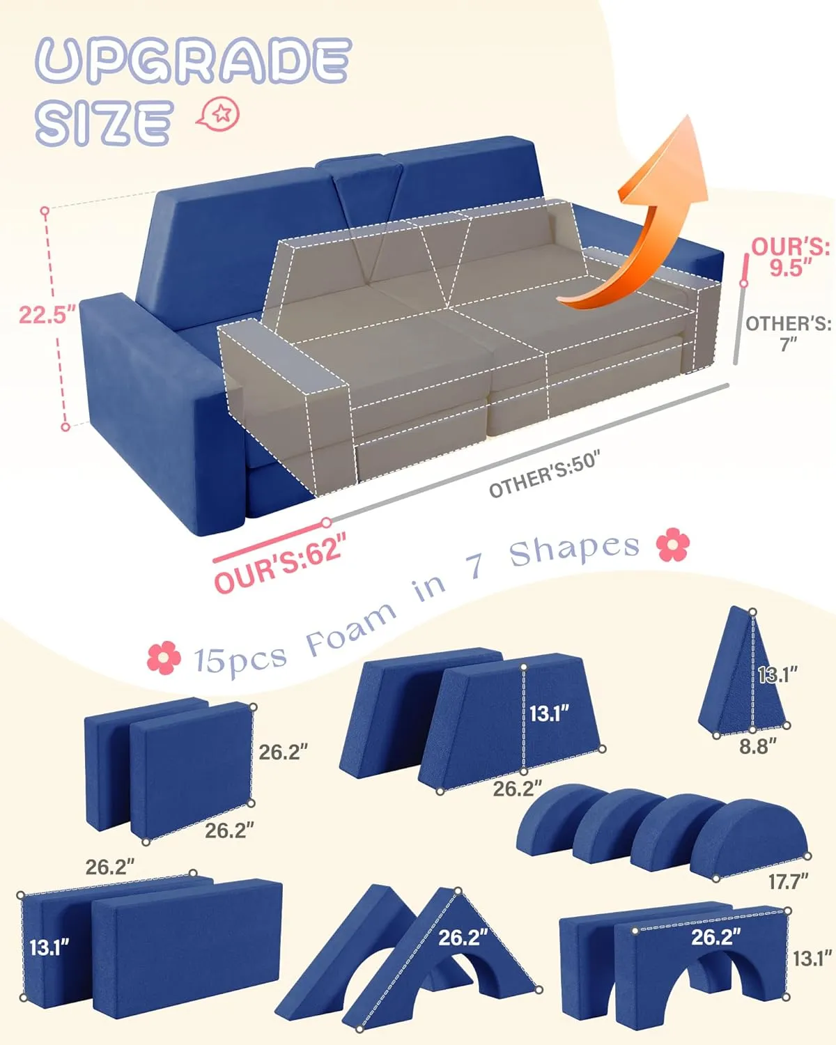 15pcs Modular Kids Play Couch, Kids Couch for Toddler & children, toddler couches, Kid Couches fort building kit for Playroom furniture, Kid Play Couches, Convertible Sofa for Boys & Girls, Dark blue