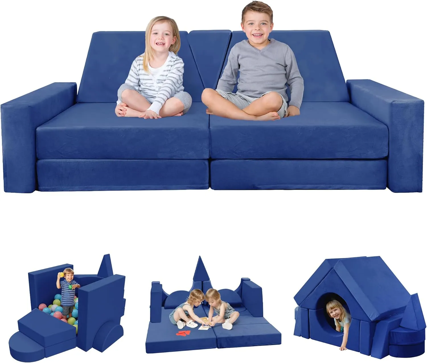 15pcs Modular Kids Play Couch, Kids Couch for Toddler & children, toddler couches, Kid Couches fort building kit for Playroom furniture, Kid Play Couches, Convertible Sofa for Boys & Girls, Dark blue