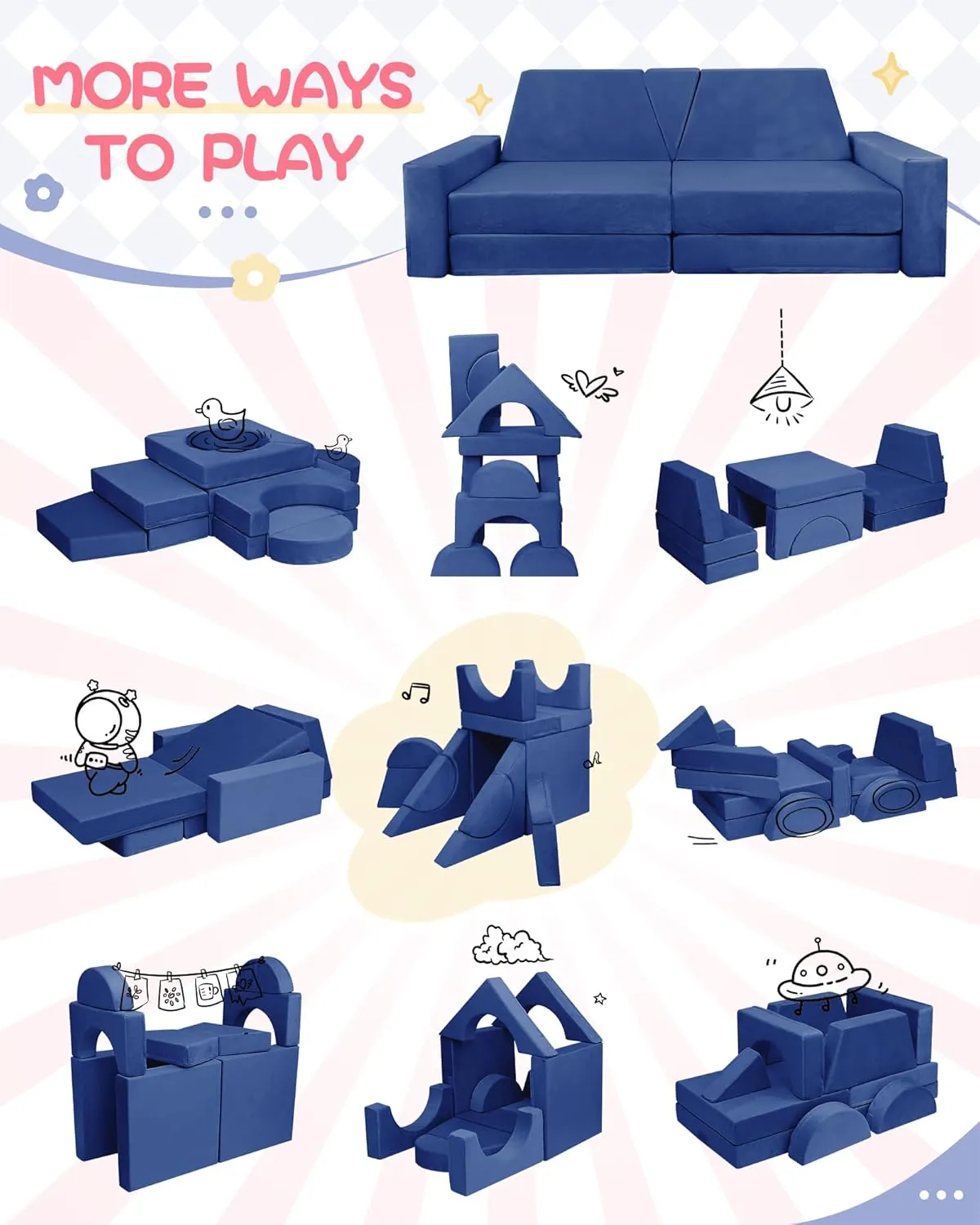 15pcs Modular Kids Play Couch, Kids Couch for Toddler & children, toddler couches, Kid Couches fort building kit for Playroom furniture, Kid Play Couches, Convertible Sofa for Boys & Girls, Dark blue
