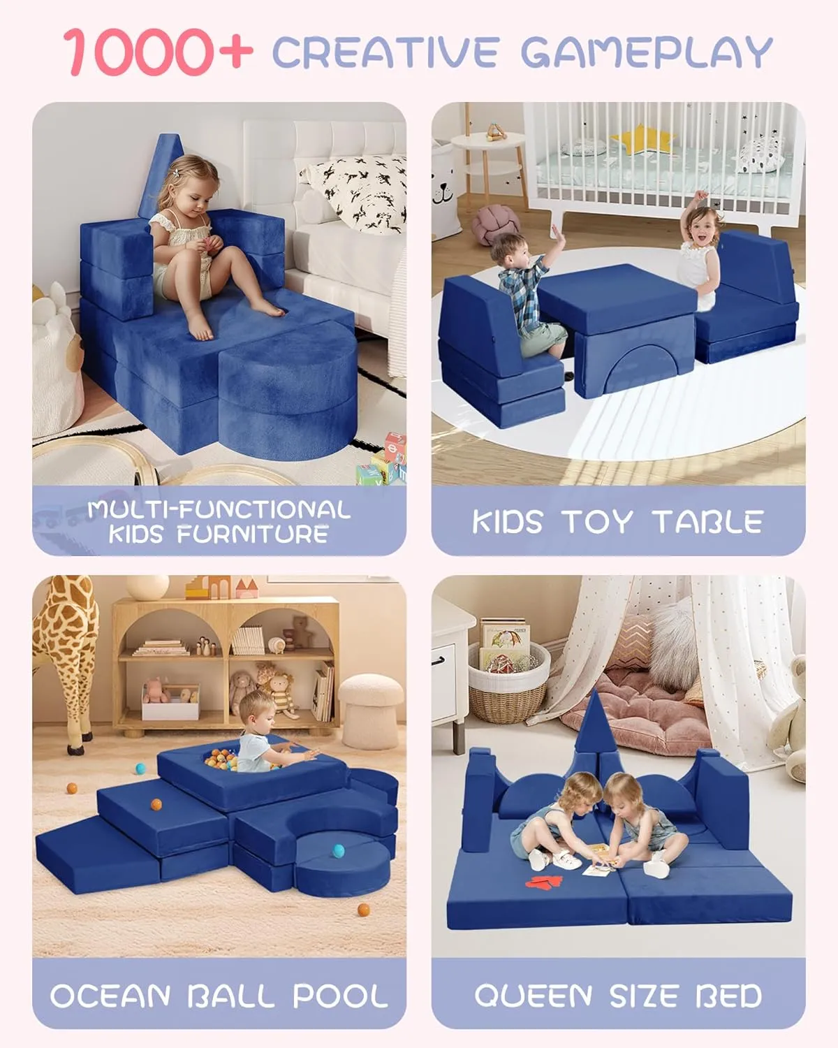 15pcs Modular Kids Play Couch, Kids Couch for Toddler & children, toddler couches, Kid Couches fort building kit for Playroom furniture, Kid Play Couches, Convertible Sofa for Boys & Girls, Dark blue