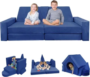 15pcs Modular Kids Play Couch, Kids Couch for Toddler & children, toddler couches, Kid Couches fort building kit for Playroom furniture, Kid Play Couches, Convertible Sofa for Boys & Girls, Dark blue