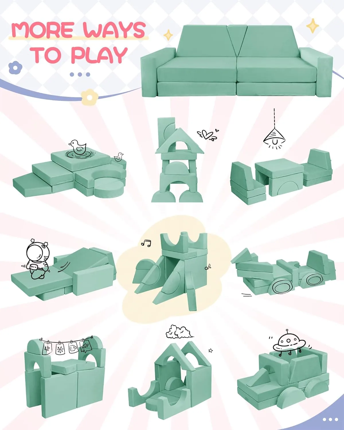 15pcs Modular Kids Play Couch, Kids Couch for Toddler & children, toddler couches, Kid Couches fort building kit for Playroom furniture, Kid Play Couches, Convertible Sofa for Boys & Girls, Green