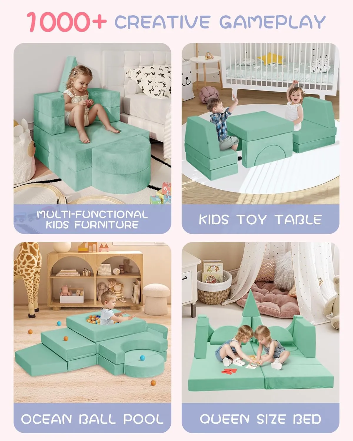 15pcs Modular Kids Play Couch, Kids Couch for Toddler & children, toddler couches, Kid Couches fort building kit for Playroom furniture, Kid Play Couches, Convertible Sofa for Boys & Girls, Green