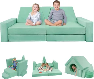 15pcs Modular Kids Play Couch, Kids Couch for Toddler & children, toddler couches, Kid Couches fort building kit for Playroom furniture, Kid Play Couches, Convertible Sofa for Boys & Girls, Green