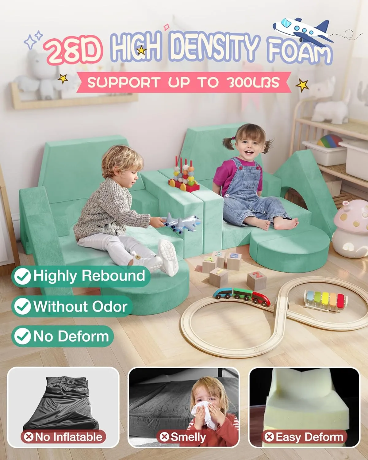15pcs Modular Kids Play Couch, Kids Couch for Toddler & children, toddler couches, Kid Couches fort building kit for Playroom furniture, Kid Play Couches, Convertible Sofa for Boys & Girls, Green