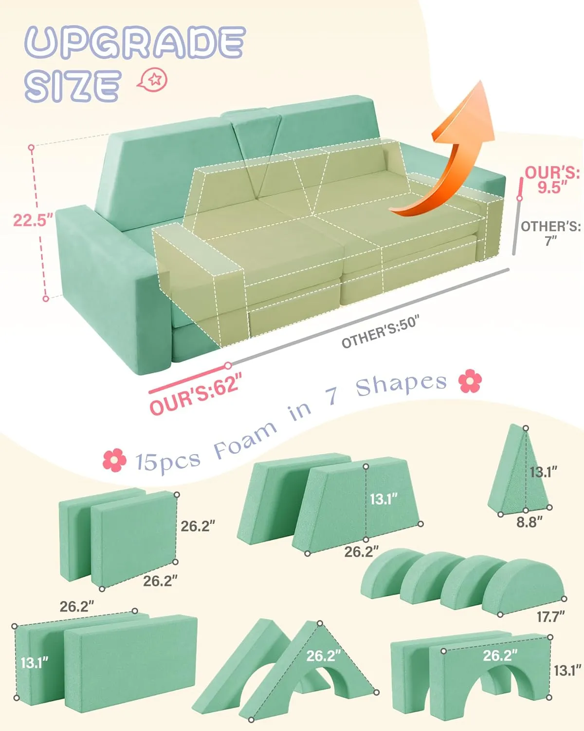 15pcs Modular Kids Play Couch, Kids Couch for Toddler & children, toddler couches, Kid Couches fort building kit for Playroom furniture, Kid Play Couches, Convertible Sofa for Boys & Girls, Green
