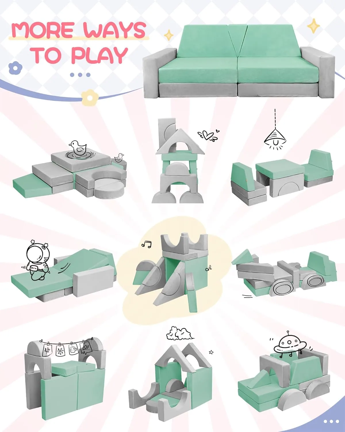15pcs Modular Kids Play Couch, Kids Couch for Toddler & children, toddler couches, Kid Couches fort building kit for Playroom furniture, Kid Play Couches, Convertible Sofa for Boys & Girls, Grey Green