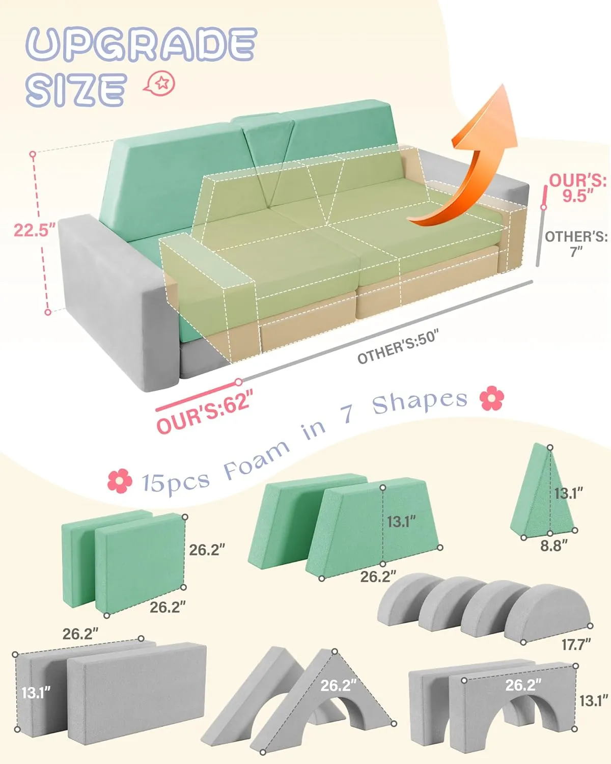 15pcs Modular Kids Play Couch, Kids Couch for Toddler & children, toddler couches, Kid Couches fort building kit for Playroom furniture, Kid Play Couches, Convertible Sofa for Boys & Girls, Grey Green