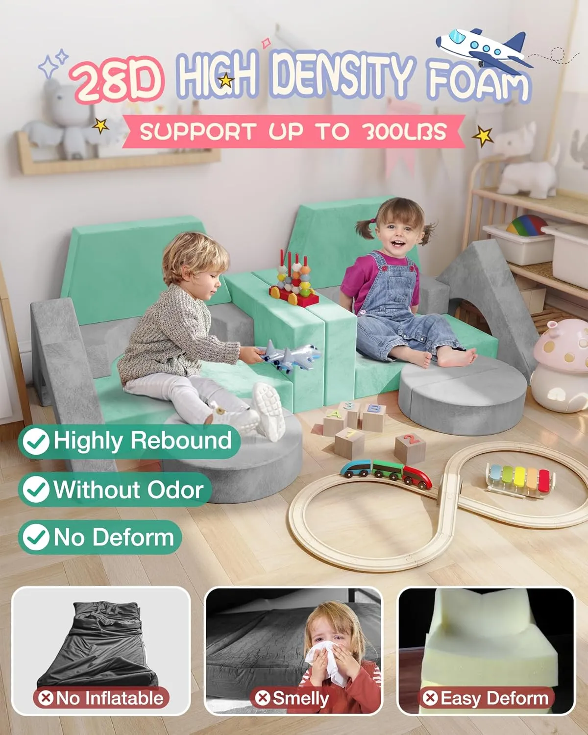 15pcs Modular Kids Play Couch, Kids Couch for Toddler & children, toddler couches, Kid Couches fort building kit for Playroom furniture, Kid Play Couches, Convertible Sofa for Boys & Girls, Grey Green