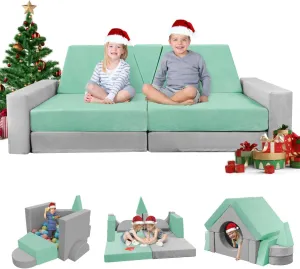 15pcs Modular Kids Play Couch, Kids Couch for Toddler & children, toddler couches, Kid Couches fort building kit for Playroom furniture, Kid Play Couches, Convertible Sofa for Boys & Girls, Grey Green