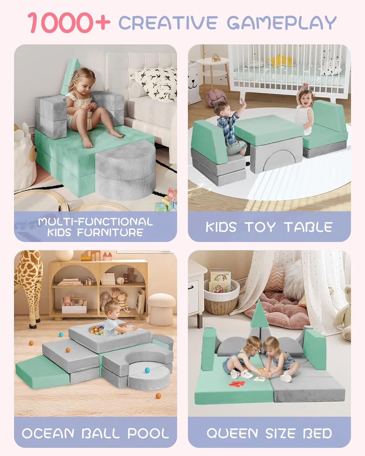 15pcs Modular Kids Play Couch, Kids Couch for Toddler & children, toddler couches, Kid Couches fort building kit for Playroom furniture, Kid Play Couches, Convertible Sofa for Boys & Girls, Grey Green