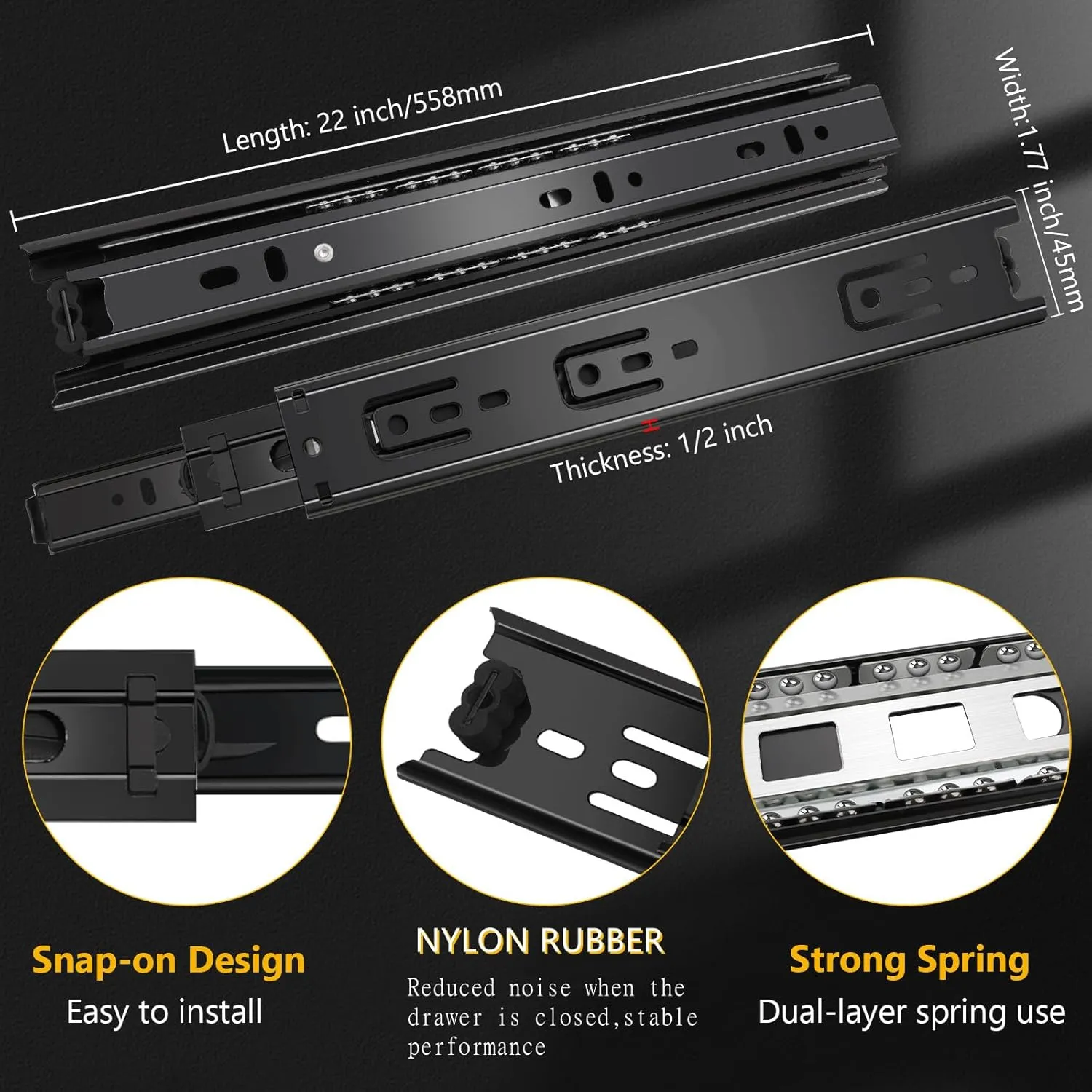 16 inch Ball Bearing Drawer Slides 6 Pairs (12pcs) - 100LB Capacity, Full Extension Side Mount Slides for Kitchen Cabinets, Wardrobes, Office Furniture (Black 16inch)