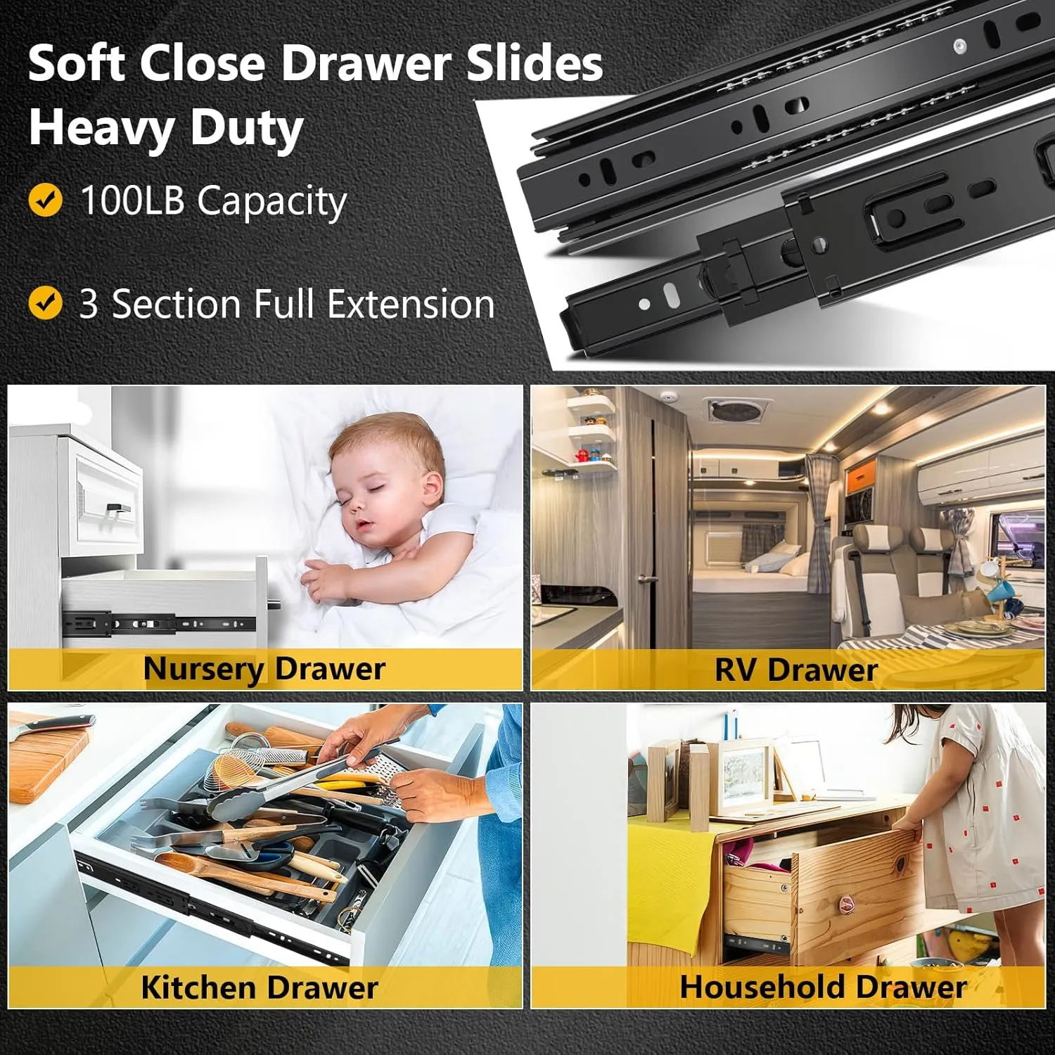 16 inch Ball Bearing Drawer Slides 6 Pairs (12pcs) - 100LB Capacity, Full Extension Side Mount Slides for Kitchen Cabinets, Wardrobes, Office Furniture (Black 16inch)