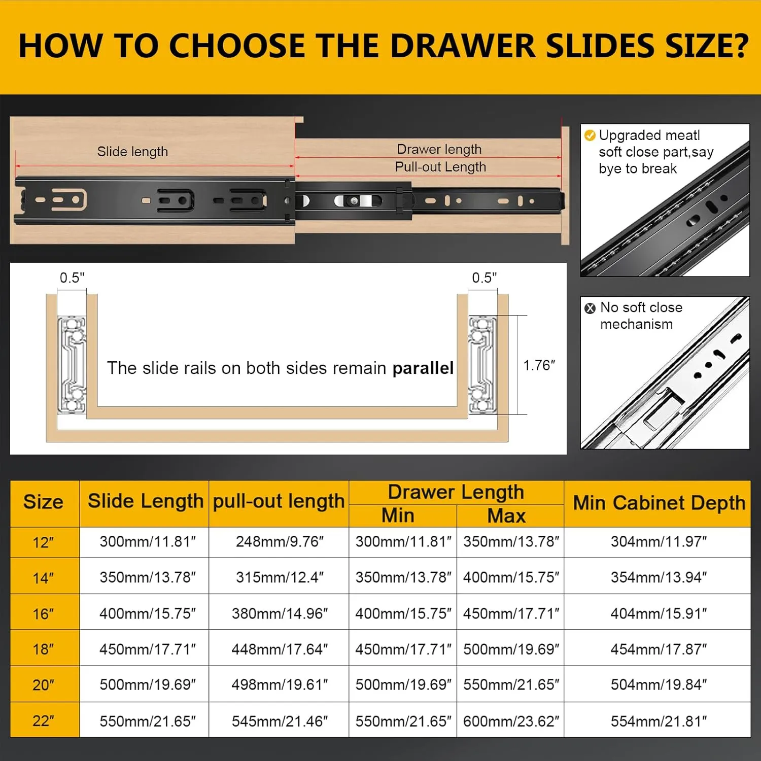 16 inch Ball Bearing Drawer Slides 6 Pairs (12pcs) - 100LB Capacity, Full Extension Side Mount Slides for Kitchen Cabinets, Wardrobes, Office Furniture (Black 16inch)