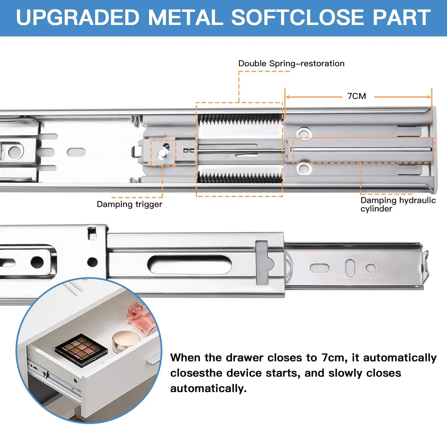 16 inch Drawer Slides 1 Pairs (2pcs) Soft Self Close Full Extension Ball Bearing Drawer Slides 3 fold Full Stretch Side Mount 100 LB Capacity 16" Silver