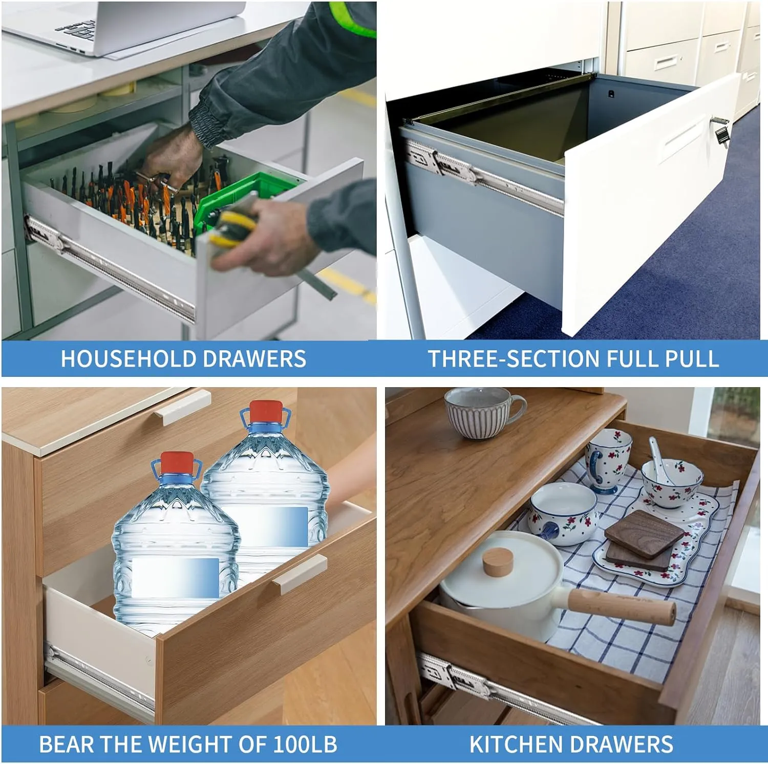 16 inch Drawer Slides 1 Pairs (2pcs) Soft Self Close Full Extension Ball Bearing Drawer Slides 3 fold Full Stretch Side Mount 100 LB Capacity 16" Silver