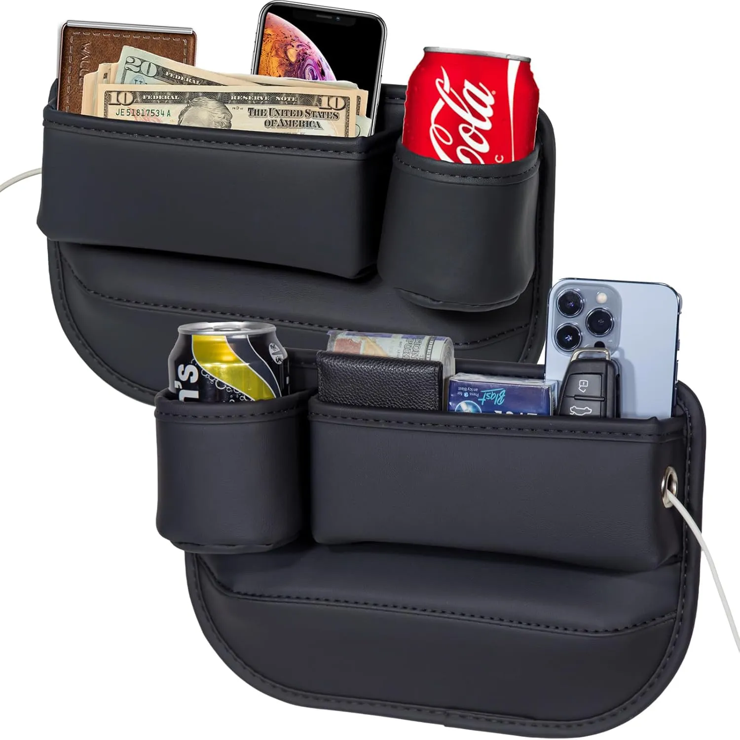 2 Packs Car Seat Gap Filler Organizer, Car Seat Organizer, Seat Gap Storage Box with Cup Holders for Drink, Car Leather Cup Holder Gap Bag Front Seat for Phone, Sunglasses,Keys(Left Right Side)