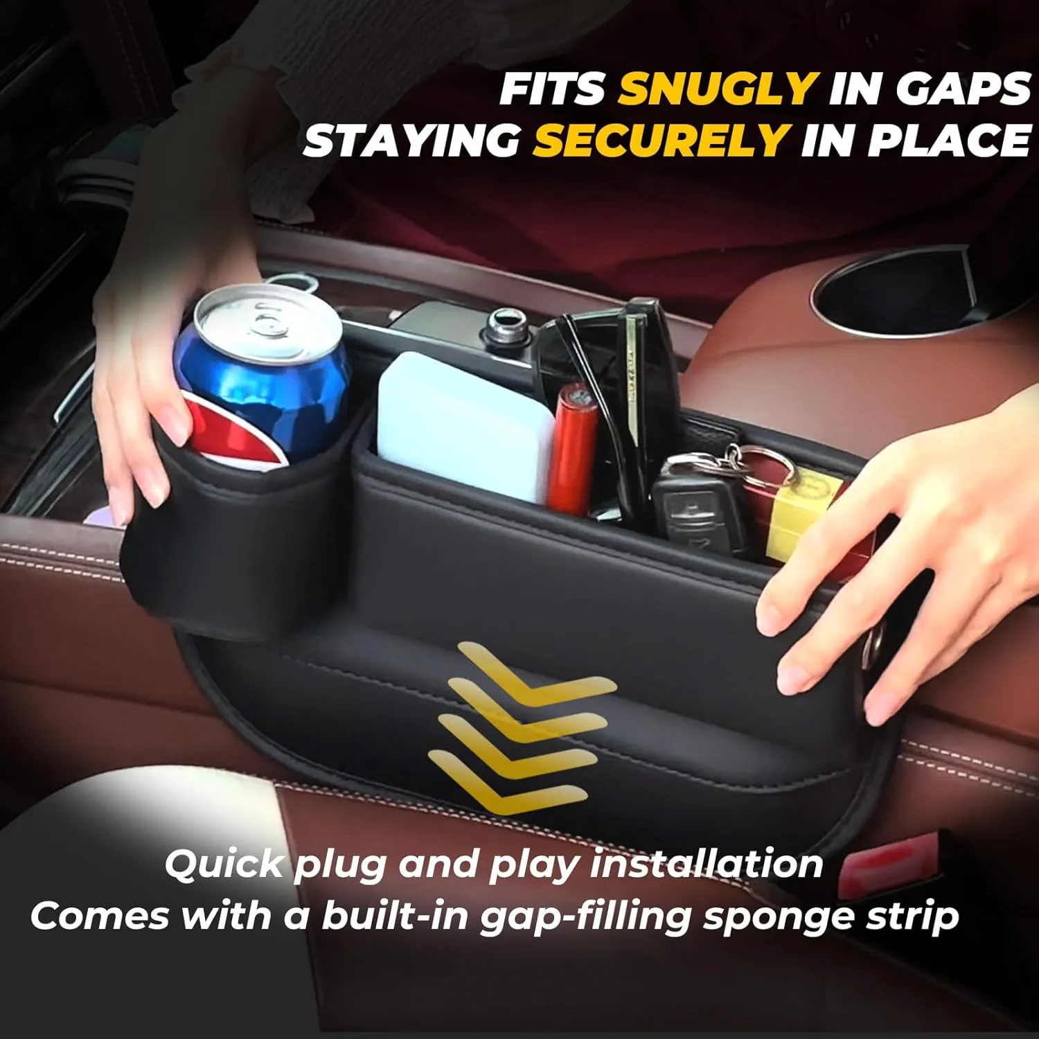 2 Packs Car Seat Gap Filler Organizer, Car Seat Organizer, Seat Gap Storage Box with Cup Holders for Drink, Car Leather Cup Holder Gap Bag Front Seat for Phone, Sunglasses,Keys(Left Right Side)