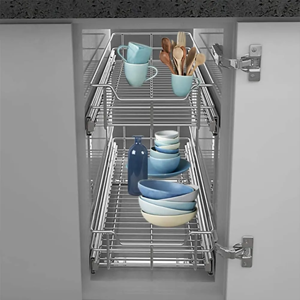 2 Tier Pull Out Cabinet Organizer 11" W X 22" D, Slide Out Drawers For Kitchen Cabinets, Pull Out Drawers For Cabinets Capacity Heavy Duty Caddy, Cabinet Pullout Shelves Chrome-Plated, Bathroom Pantry