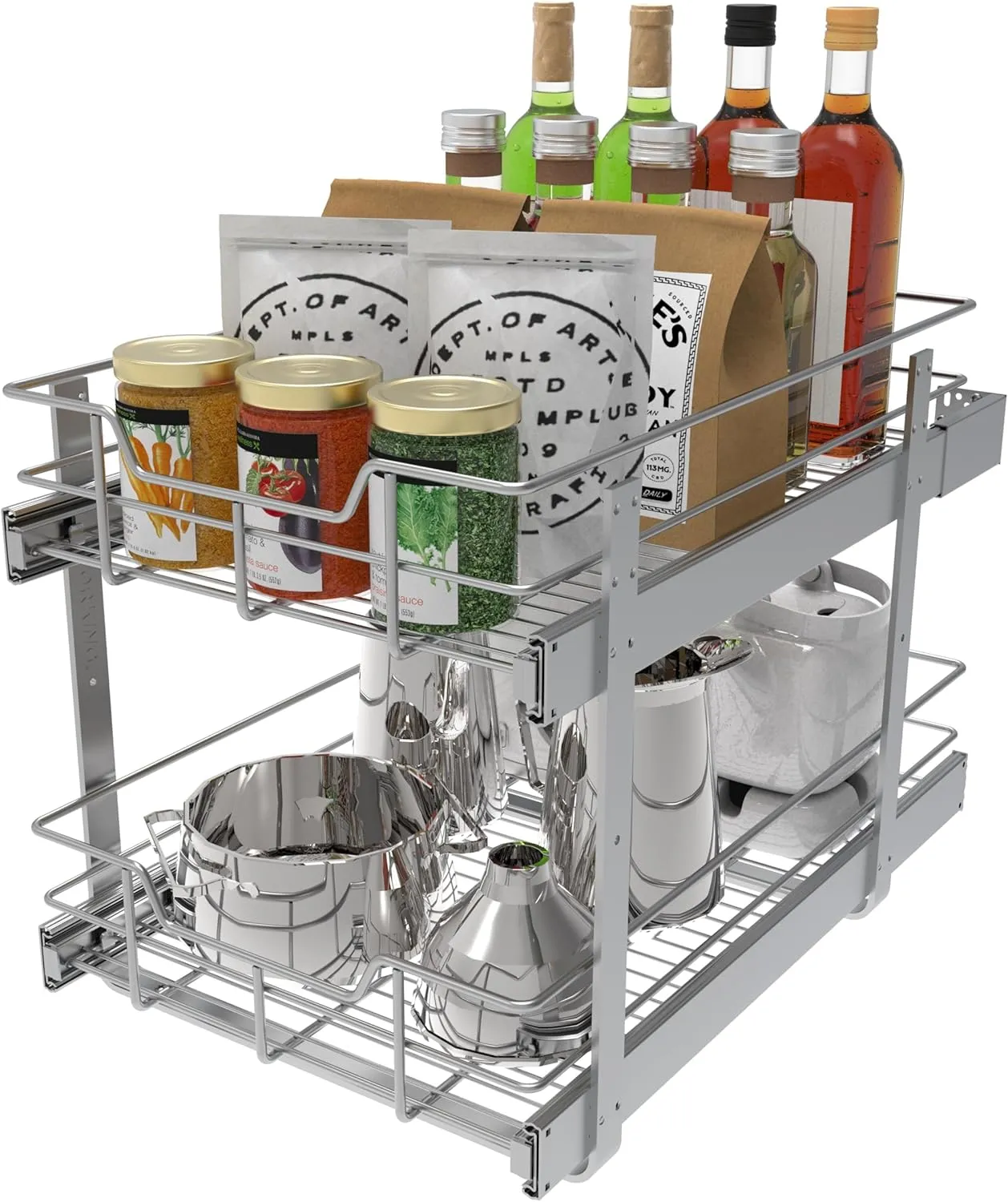 2 Tier Pull Out Cabinet Organizer 14" W X 22" D, Slide Out Drawers For Kitchen Cabinets, Pull Out Drawers For Cabinets Capacity Heavy Duty Caddy, Cabinet Pullout Shelves Chrome-Plated,Bathroom Pantry