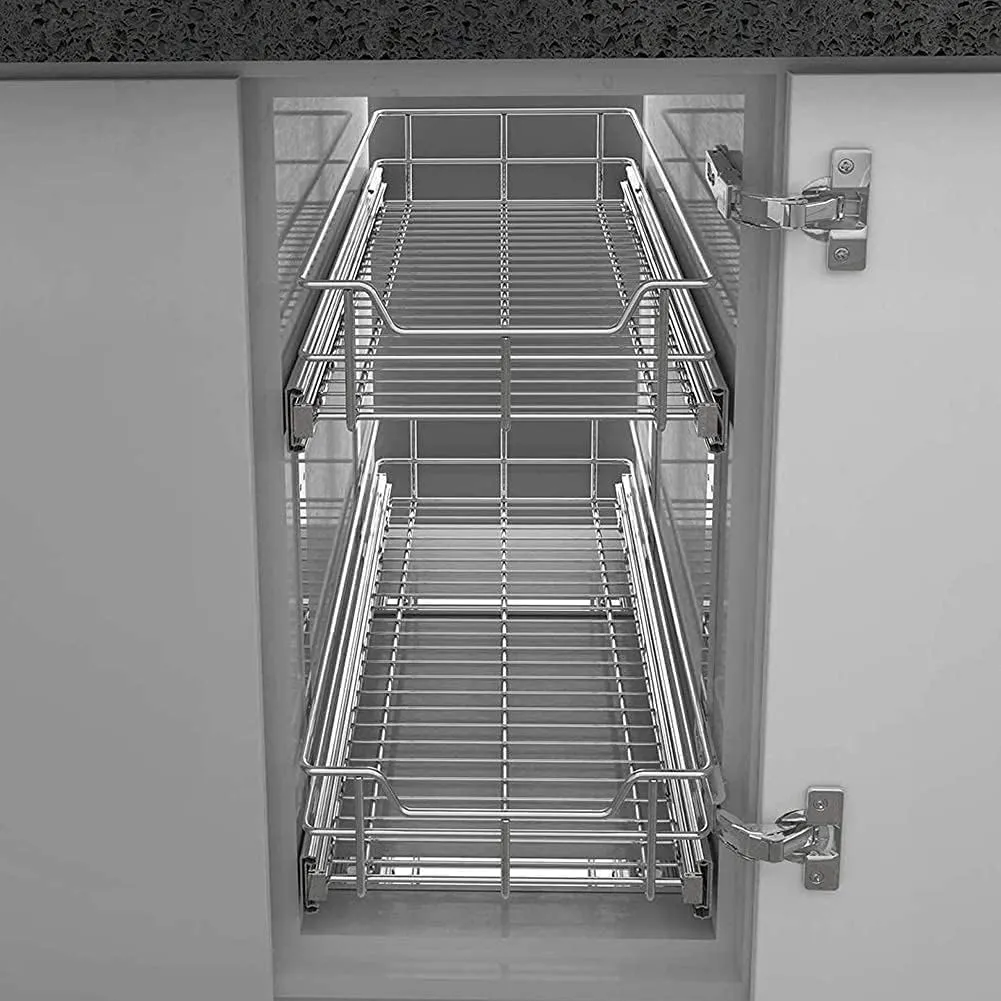 2 Tier Pull Out Cabinet Organizer 14" W X 22" D, Slide Out Drawers For Kitchen Cabinets, Pull Out Drawers For Cabinets Capacity Heavy Duty Caddy, Cabinet Pullout Shelves Chrome-Plated,Bathroom Pantry