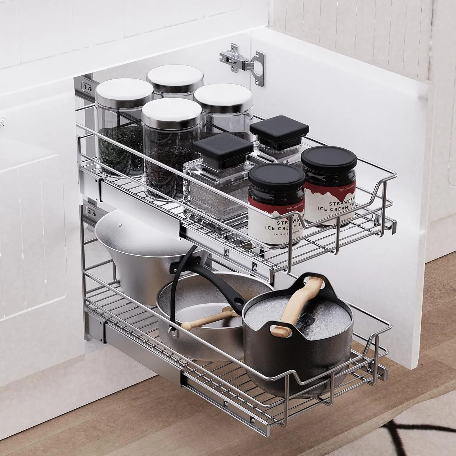 2 Tier Pull Out Cabinet Organizer 14" W X 22" D, Slide Out Drawers For Kitchen Cabinets, Pull Out Drawers For Cabinets Capacity Heavy Duty Caddy, Cabinet Pullout Shelves Chrome-Plated,Bathroom Pantry