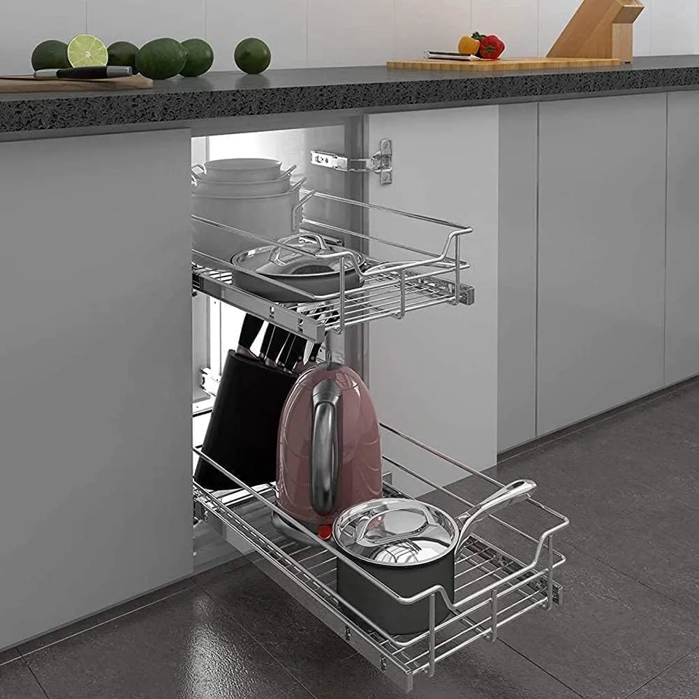 2 Tier Pull Out Cabinet Organizer 14" W X 22" D, Slide Out Drawers For Kitchen Cabinets, Pull Out Drawers For Cabinets Capacity Heavy Duty Caddy, Cabinet Pullout Shelves Chrome-Plated,Bathroom Pantry