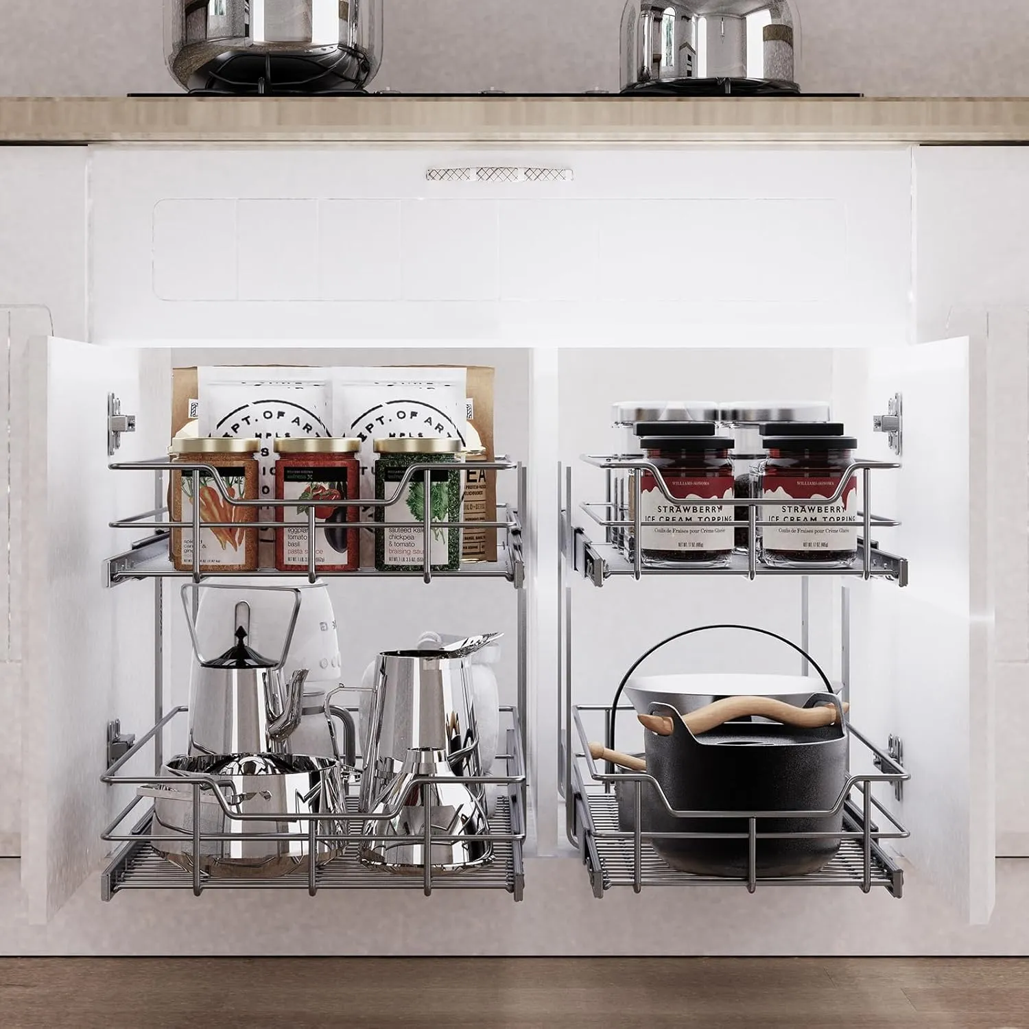 2 Tier Pull Out Cabinet Organizer 14" W X 22" D, Slide Out Drawers For Kitchen Cabinets, Pull Out Drawers For Cabinets Capacity Heavy Duty Caddy, Cabinet Pullout Shelves Chrome-Plated,Bathroom Pantry