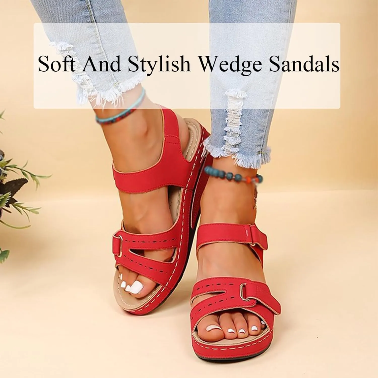 2025 New Soft & Stylish Wedge Sandals for Effortless Comfort, Dressy Open Toe Strap Platform Wedge Sandals with Adjustable Hook & Loop Straps Slip-Resistant Casual Shoes for Women