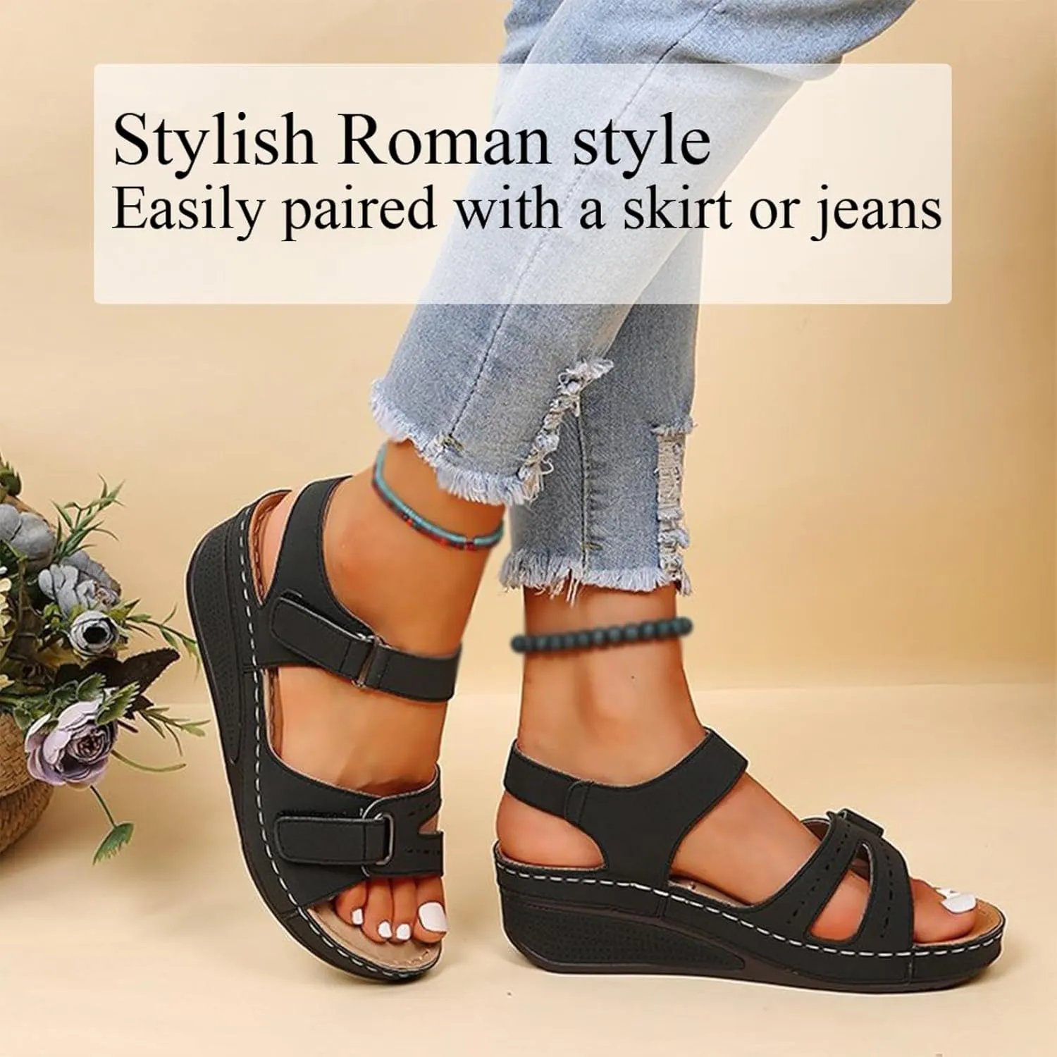2025 New Soft & Stylish Wedge Sandals for Effortless Comfort, Dressy Open Toe Strap Platform Wedge Sandals with Adjustable Hook & Loop Straps Slip-Resistant Casual Shoes for Women