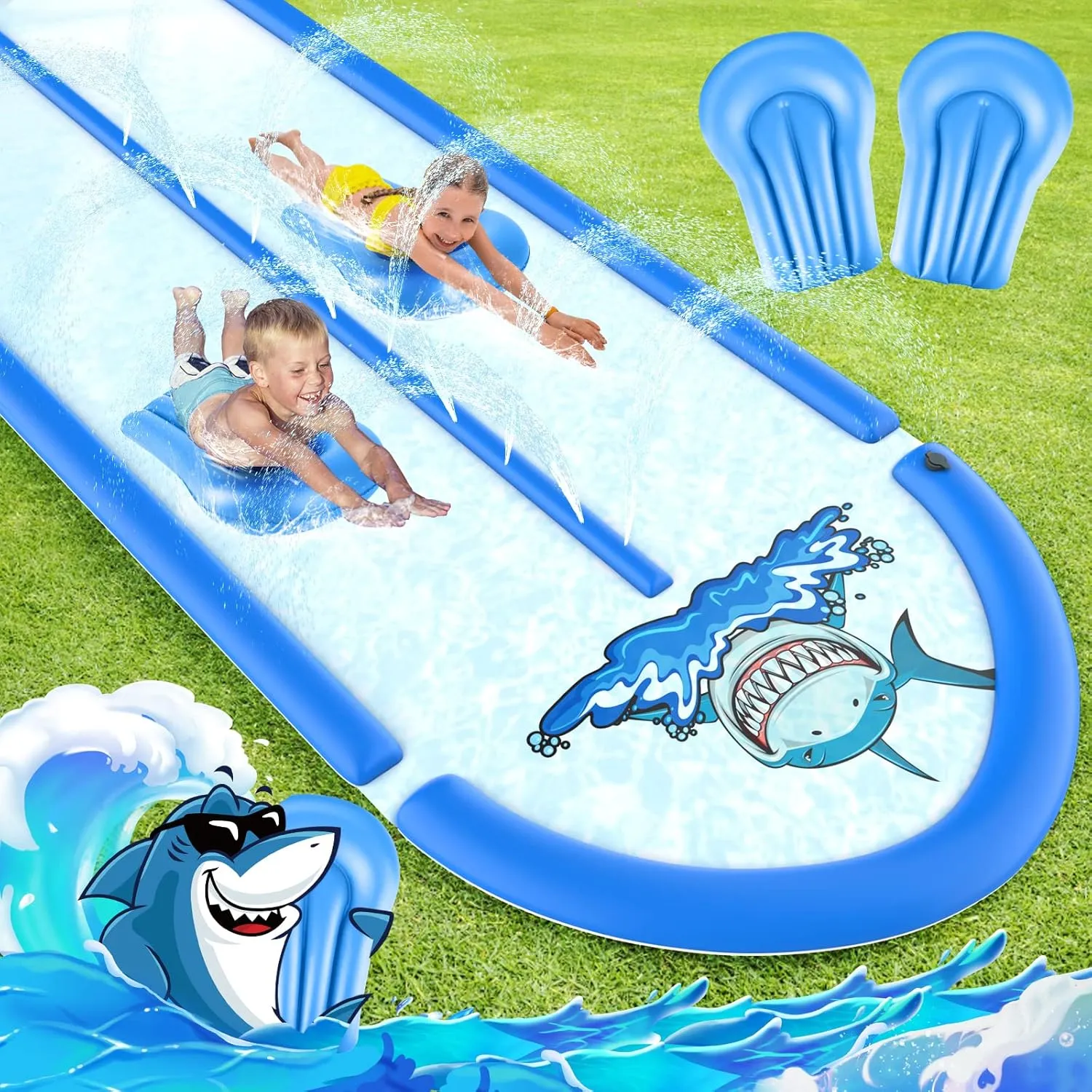 20FT Slip and Slide Lawn Water Slide with 2 Bodyboards, Slip n Slide Heavy Duty Double Lane for Kids Backyard Games with Sprinkler, Summer Outdoor Water Toys Outside Play for Kids and Adults