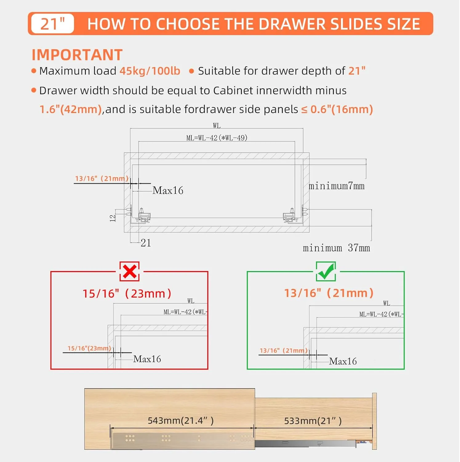 21 Inch Soft Close Undermount Drawer Slides, Concealed Drawer Rails with Rear Brackets for Closet Drawers, Deep Kitchen Cabinets, Pantry Pull-Outs – Full Extension Heavy Duty Glides (1 Pair)