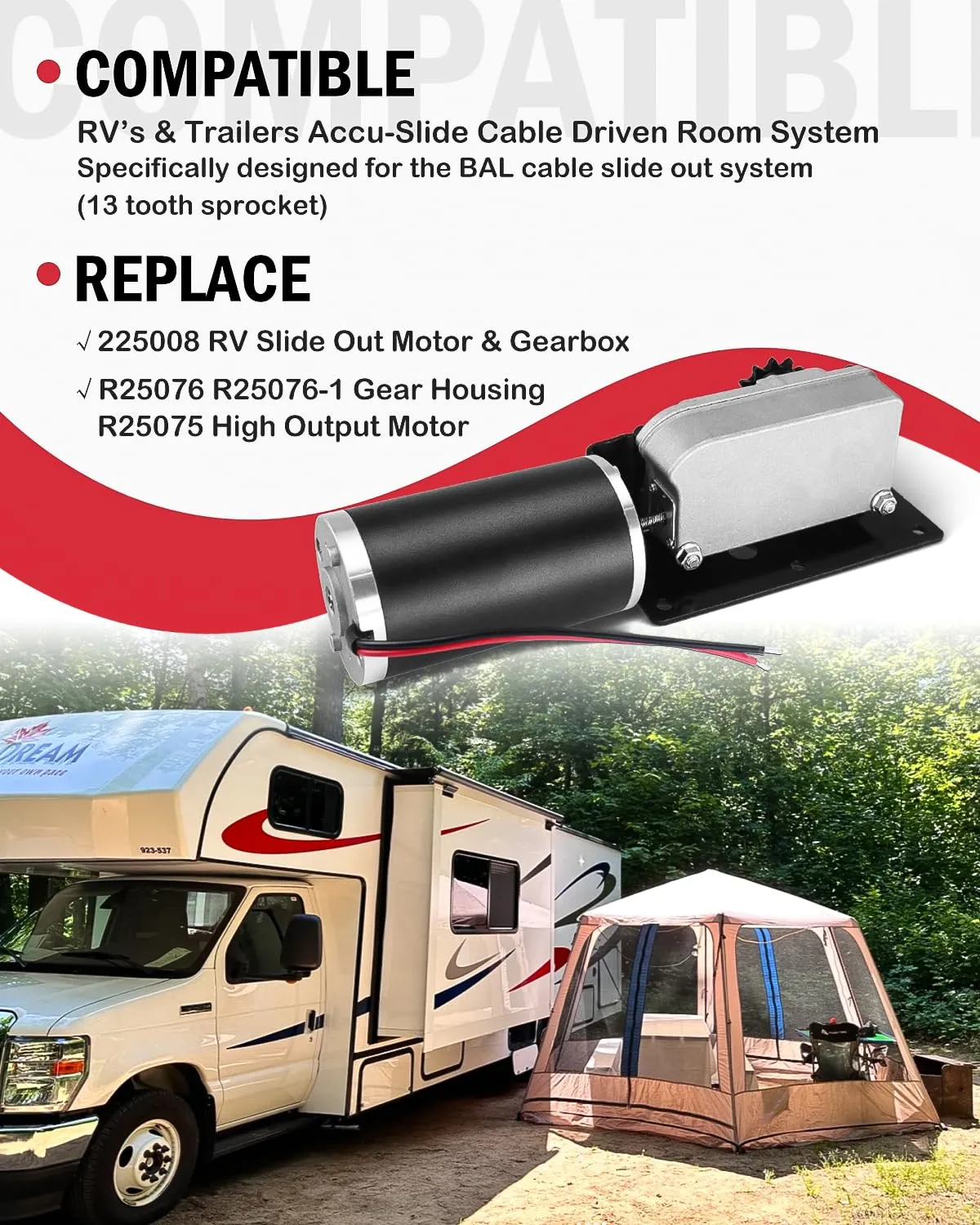 225008 RV Slide Out Motor & Trailer Gearbox Compatible with Bal Accu-Slide Cable Slide-Out System, Replace# R25076 R25076-1 Gear Housing and R25075 High Output Motor for 12V Travel Camper