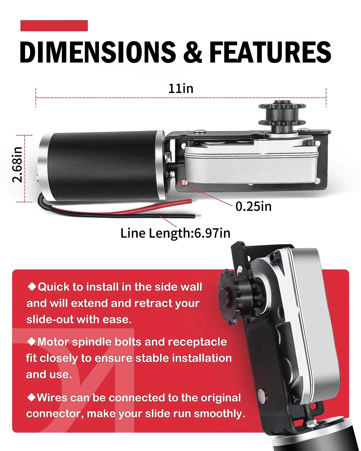 225008 RV Slide Out Motor & Trailer Gearbox Compatible with Bal Accu-Slide Cable Slide-Out System, Replace# R25076 R25076-1 Gear Housing and R25075 High Output Motor for 12V Travel Camper