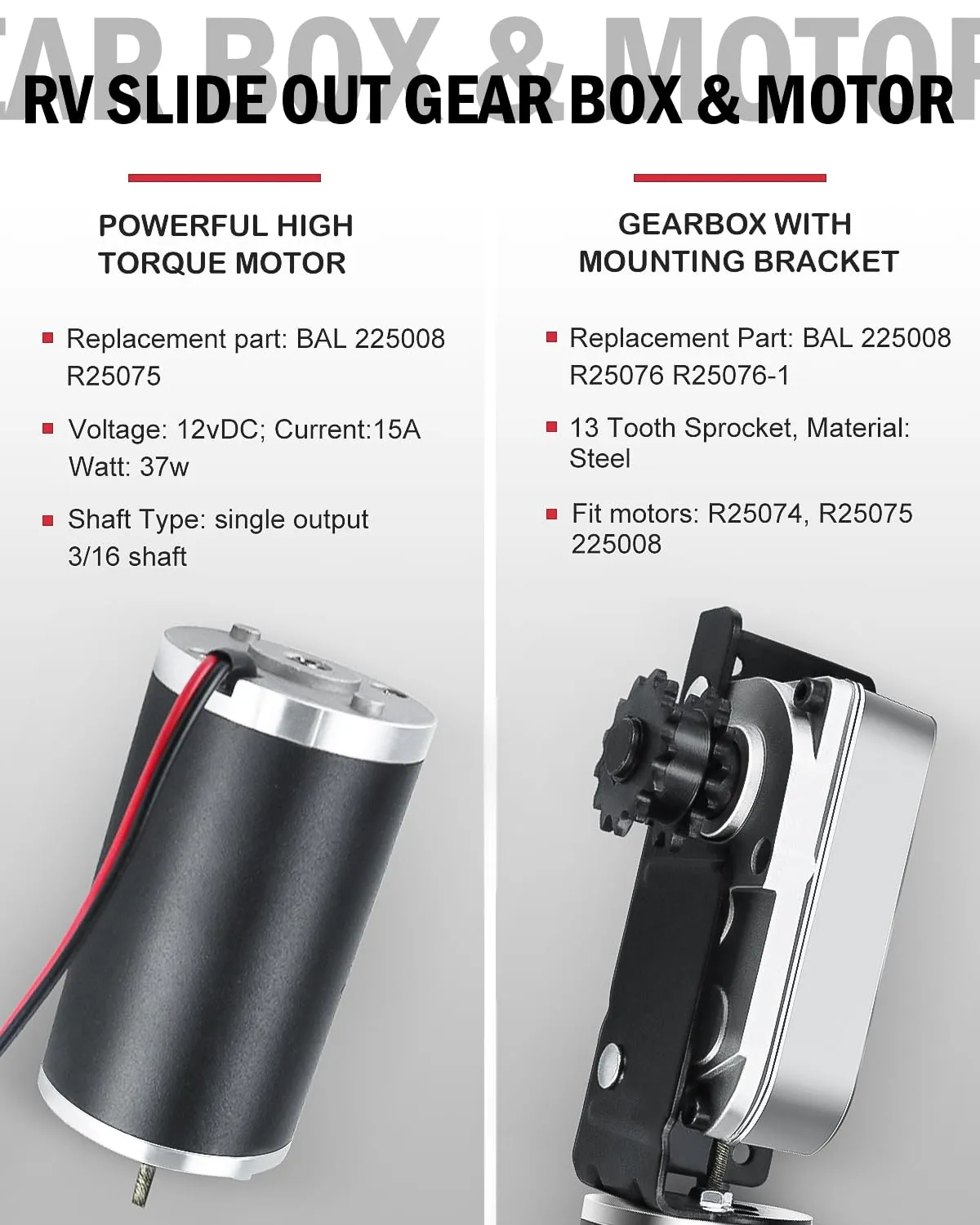 225008 RV Slide Out Motor & Trailer Gearbox Compatible with Bal Accu-Slide Cable Slide-Out System, Replace# R25076 R25076-1 Gear Housing and R25075 High Output Motor for 12V Travel Camper