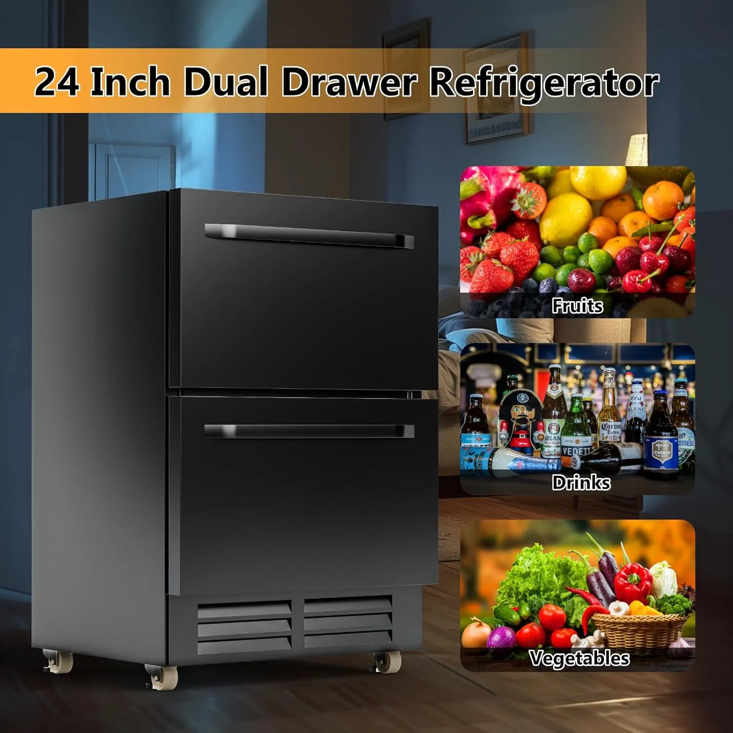 24 Inch Under Counter Dual Drawer Beverage Fridge, Weather Proof Outdoor Beverage Refrigerator for Patio, Stainless Steel Built-in Beverage Cooler for Home & Commercial Use, Black