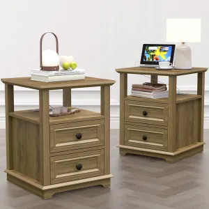 24" Tall Nightstand with Charging Station Set of 2, End Table with 18W Fast Charge, Large 18” Bedside Table with Drawers,Rustic Wood Storage Cabinet with Open Shelf for Bedroom,Natural