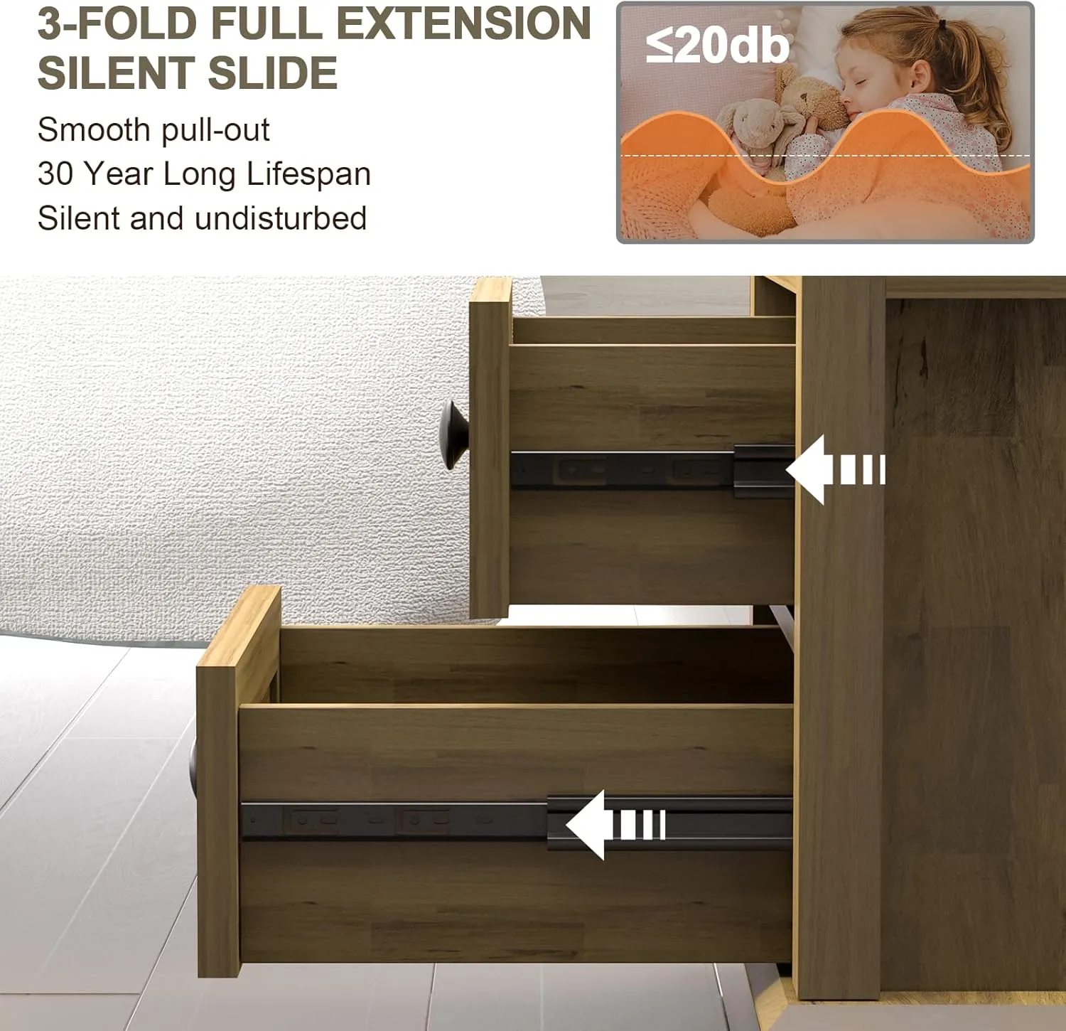 24" Tall Nightstand with Charging Station Set of 2, End Table with 18W Fast Charge, Large 18” Bedside Table with Drawers,Rustic Wood Storage Cabinet with Open Shelf for Bedroom,Natural