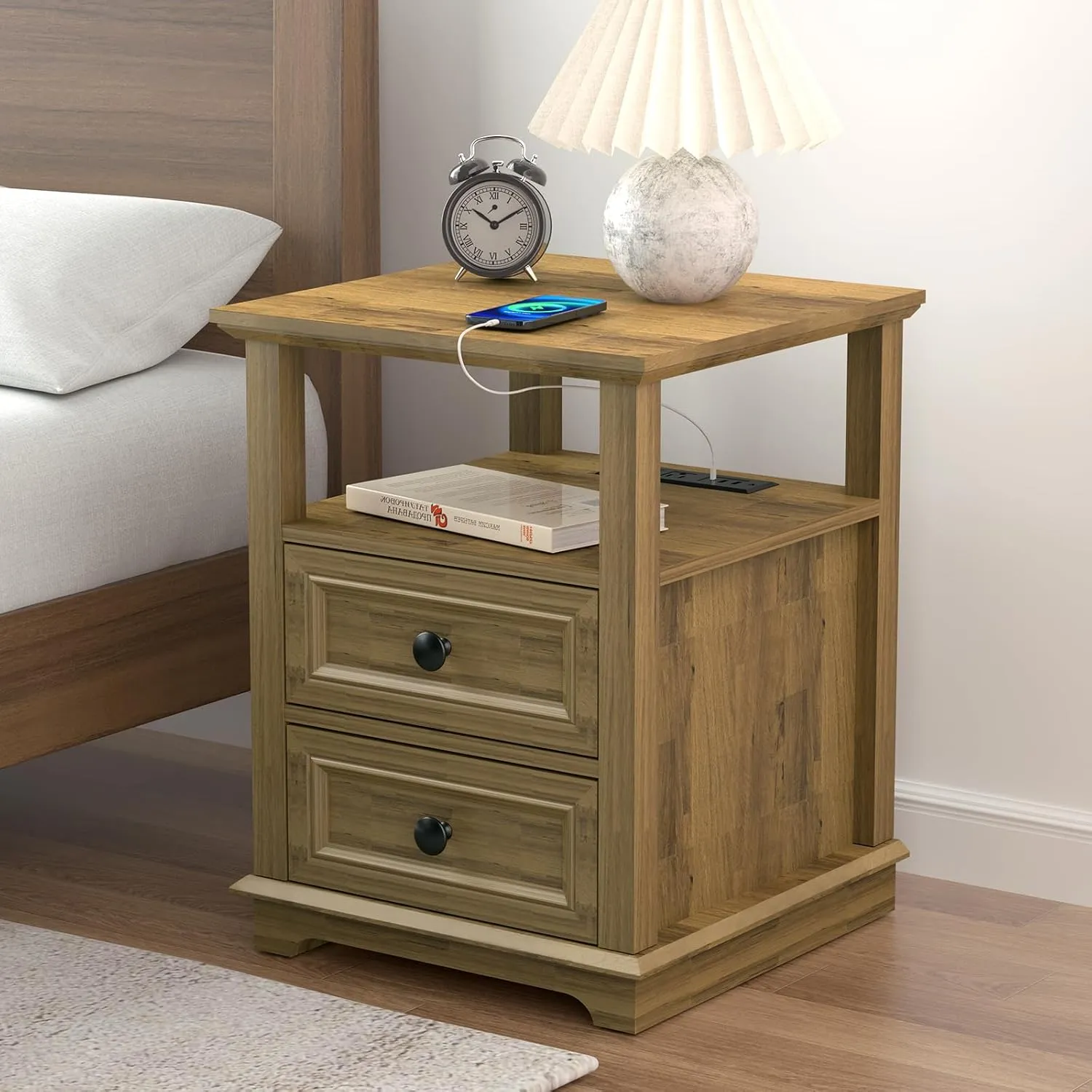 24" Tall Nightstand with Charging Station Set of 2, End Table with 18W Fast Charge, Large 18” Bedside Table with Drawers,Rustic Wood Storage Cabinet with Open Shelf for Bedroom,Natural