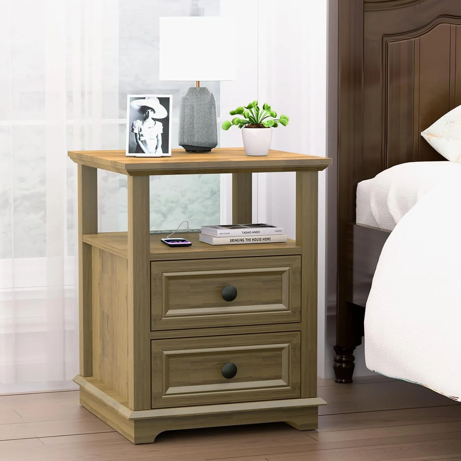 24" Tall Nightstand with Charging Station Set of 2, End Table with 18W Fast Charge, Large 18” Bedside Table with Drawers,Rustic Wood Storage Cabinet with Open Shelf for Bedroom,Natural