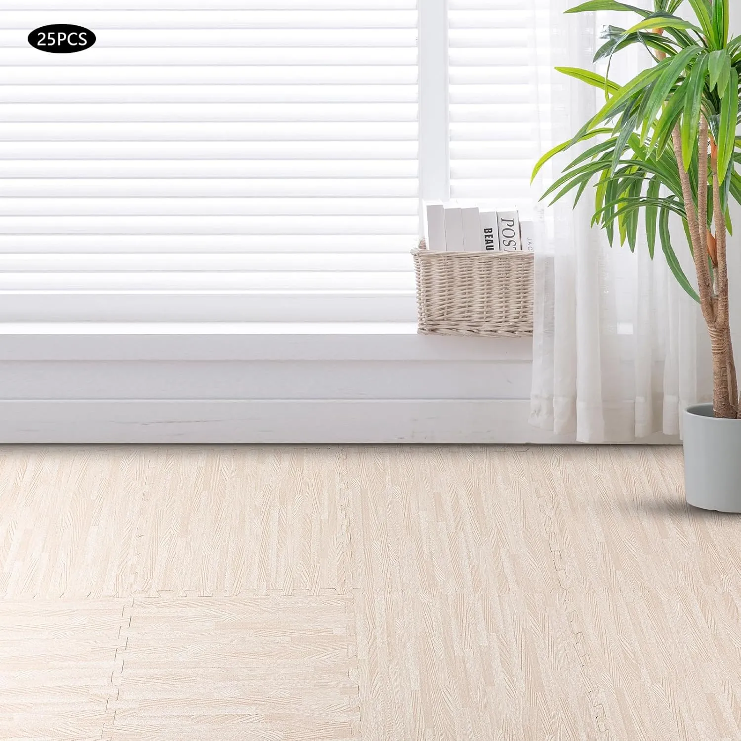 25 pcs Thick Printed Foam Tiles - Patchwork Foam Mat - 24" x 24" - Premium Wood Grain Interlocking Foam Floor Mats Patchwork Foam Mat - for Home, Gym Exercise or Trade Show (White, 24 * 24 in)