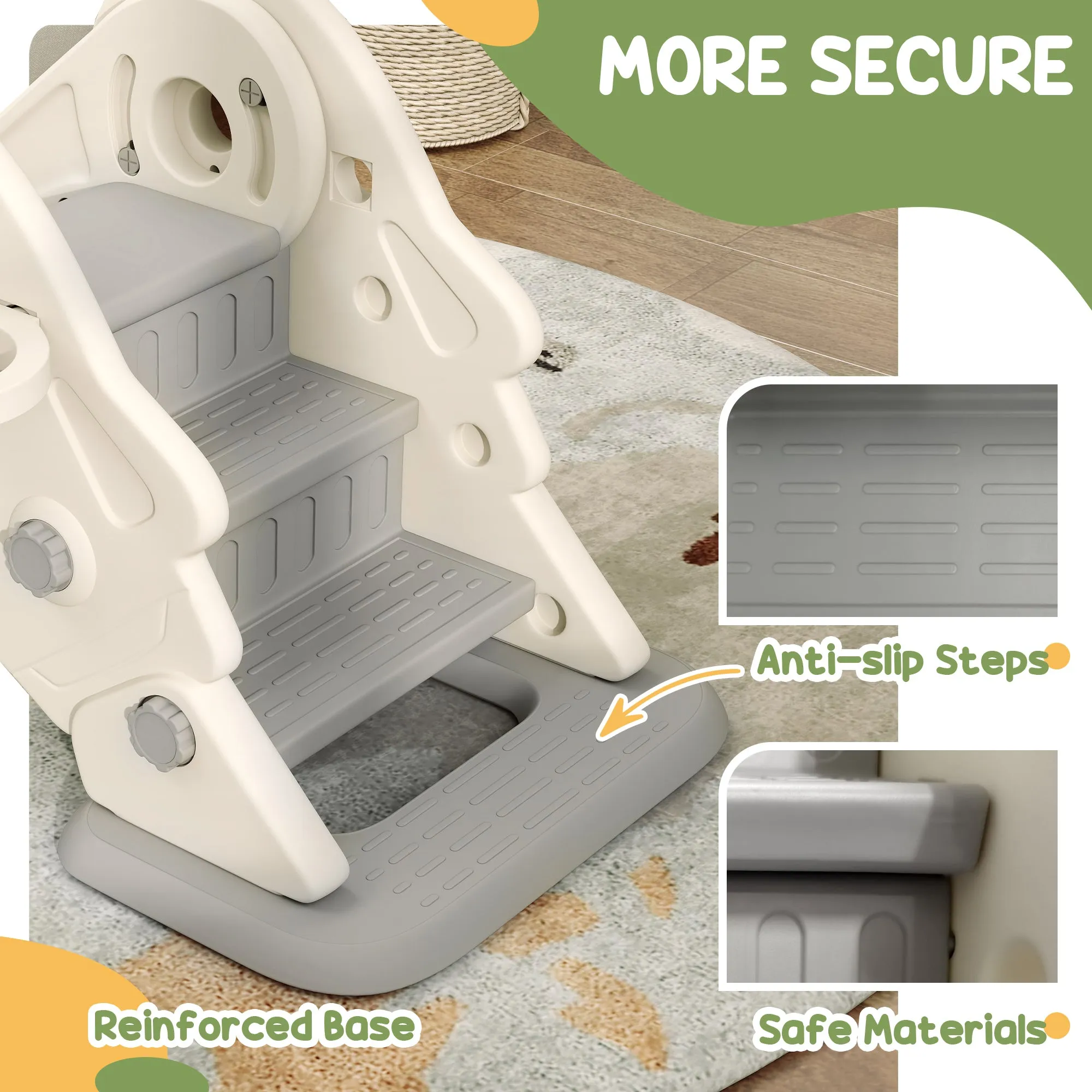 3 in 1 Toddler Slide, Foldable Kids Slide with Basketball Hoop, Climber, Anti-Slide Step for Ages 2-5, Cream White
