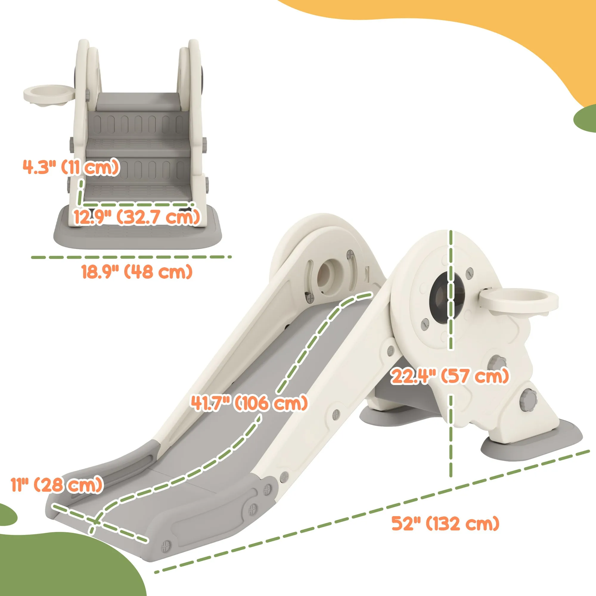 3 in 1 Toddler Slide, Foldable Kids Slide with Basketball Hoop, Climber, Anti-Slide Step for Ages 2-5, Cream White