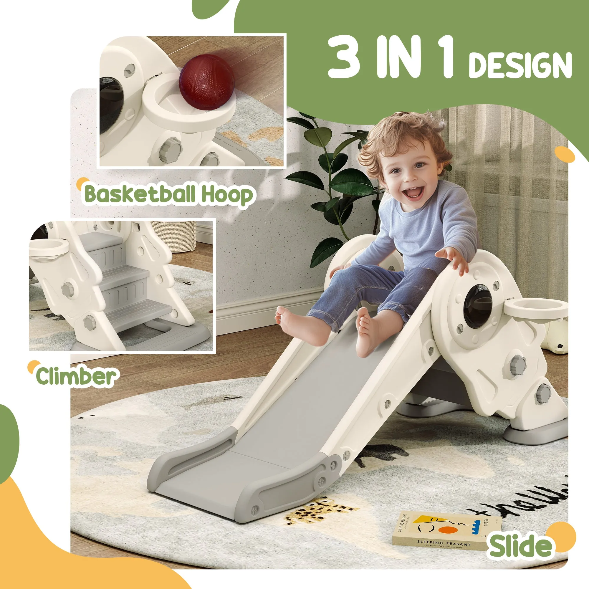 3 in 1 Toddler Slide, Foldable Kids Slide with Basketball Hoop, Climber, Anti-Slide Step for Ages 2-5, Cream White