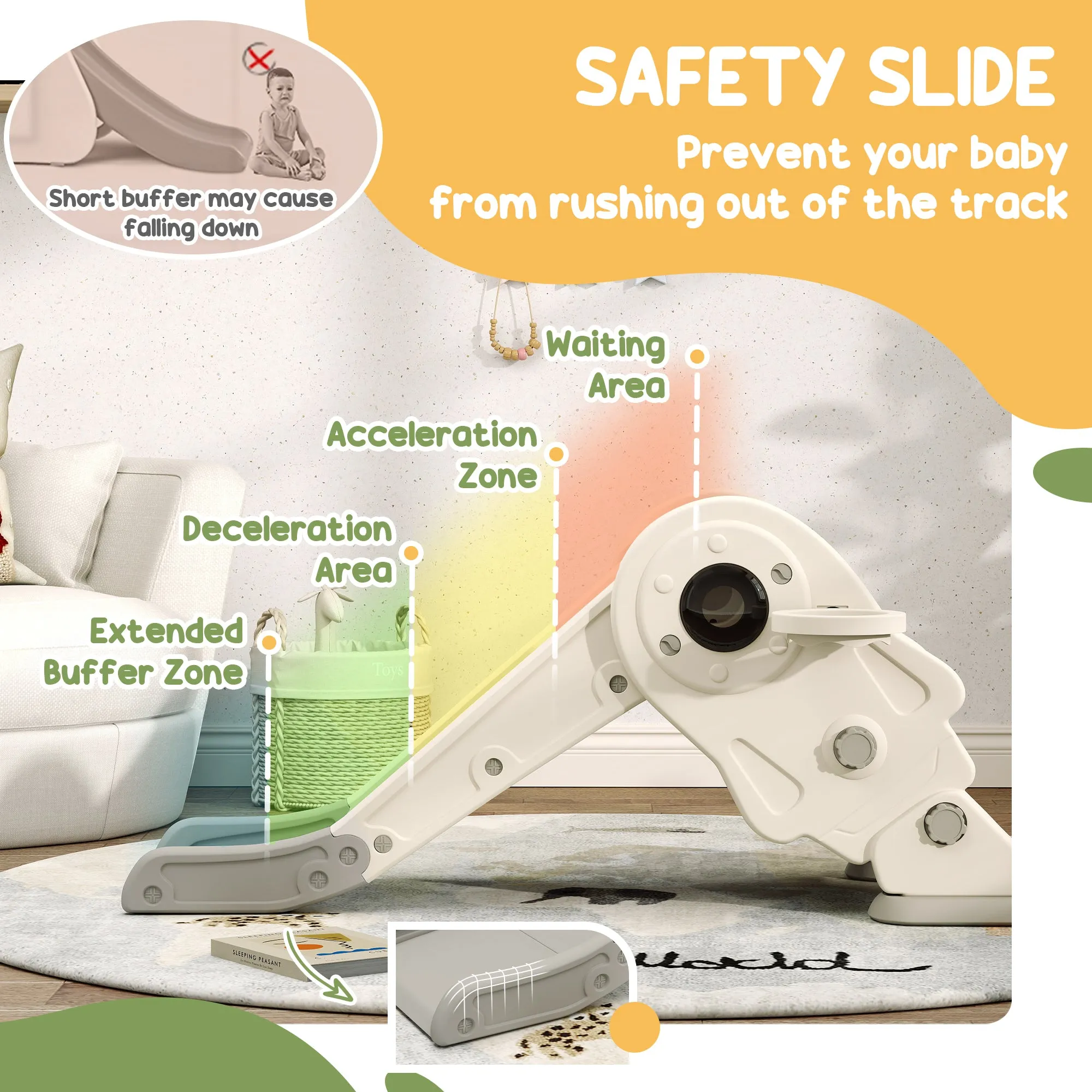 3 in 1 Toddler Slide, Foldable Kids Slide with Basketball Hoop, Climber, Anti-Slide Step for Ages 2-5, Cream White